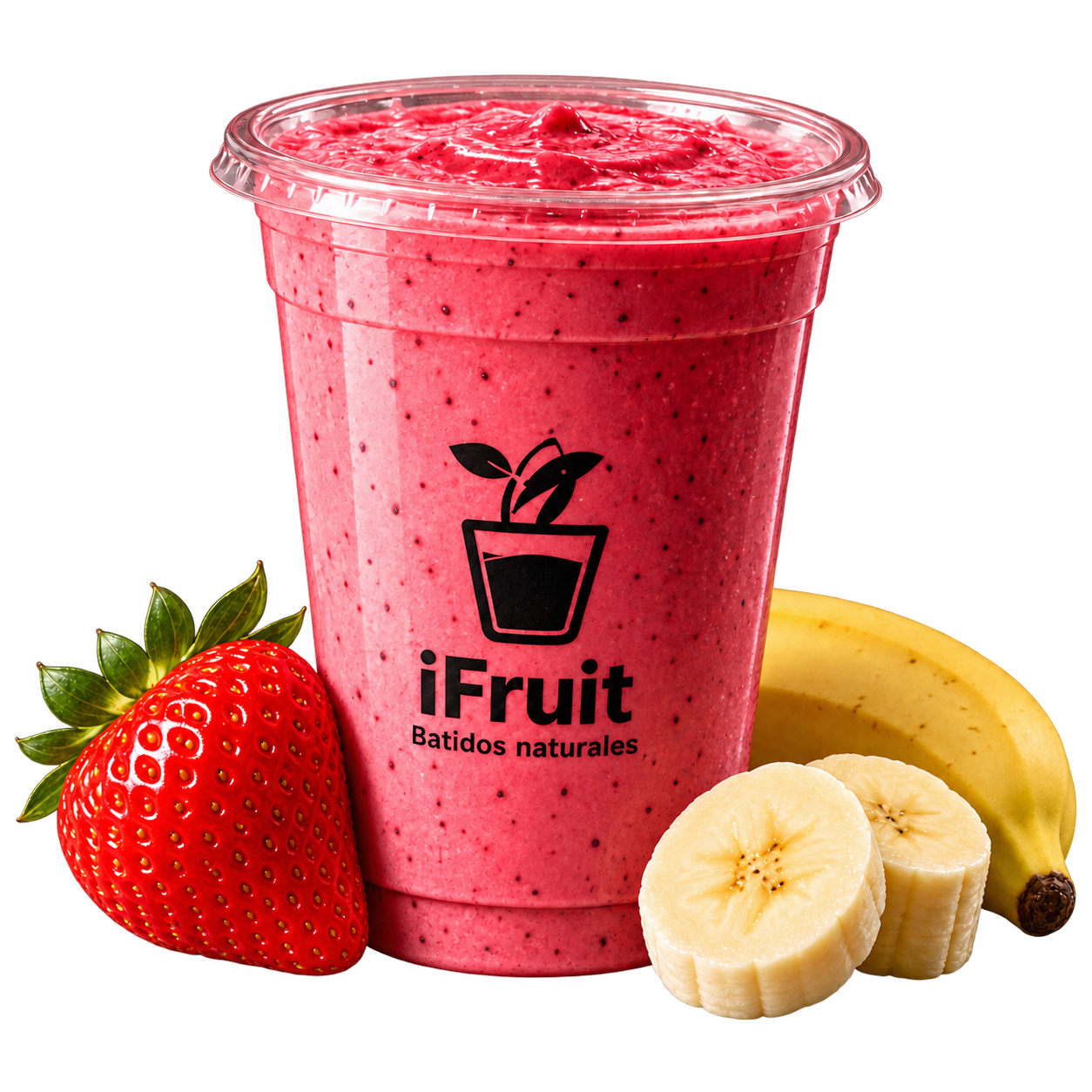 Batido mixto de fresa y banano, acompañado de ambas frutas